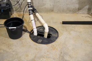 Sump pump in the basement of a house in Wilmette, Illinois
